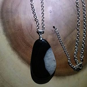 Black and white agate pendant with silver chain